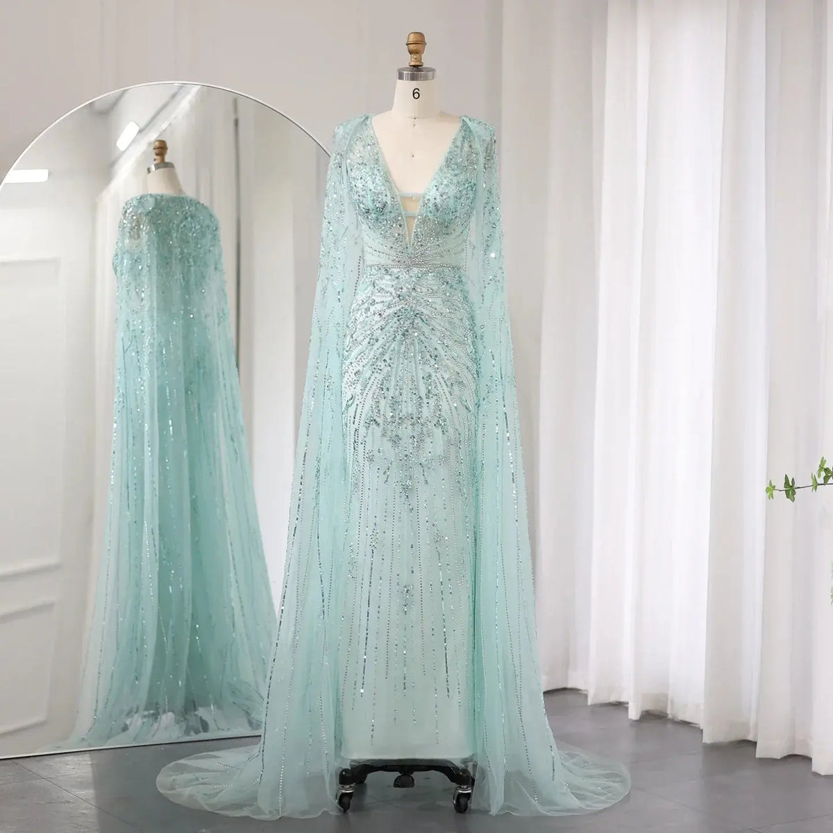Luxury Turquoise V-Neck Evening Dress with Cape SS397 Luxury Turquoise V-Neck Evening Dress with Cape SS397
