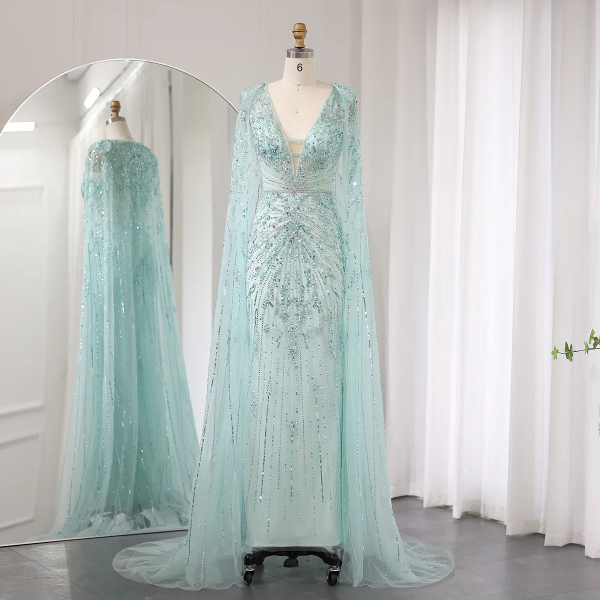Sharon Said Luxury Dubai Turquoise Mermaid Evening Dresses with Cape V-Neck Arabic Silver Grey Wedding Formal Party Gowns SS397