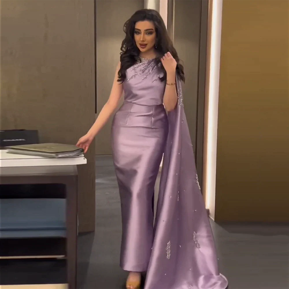 Dreamy Vow Arabic One Shoulder Lilac Dubai Evening Dresses with Cape Elegant Ankle Length Women Wedding Guest Party Gowns 273