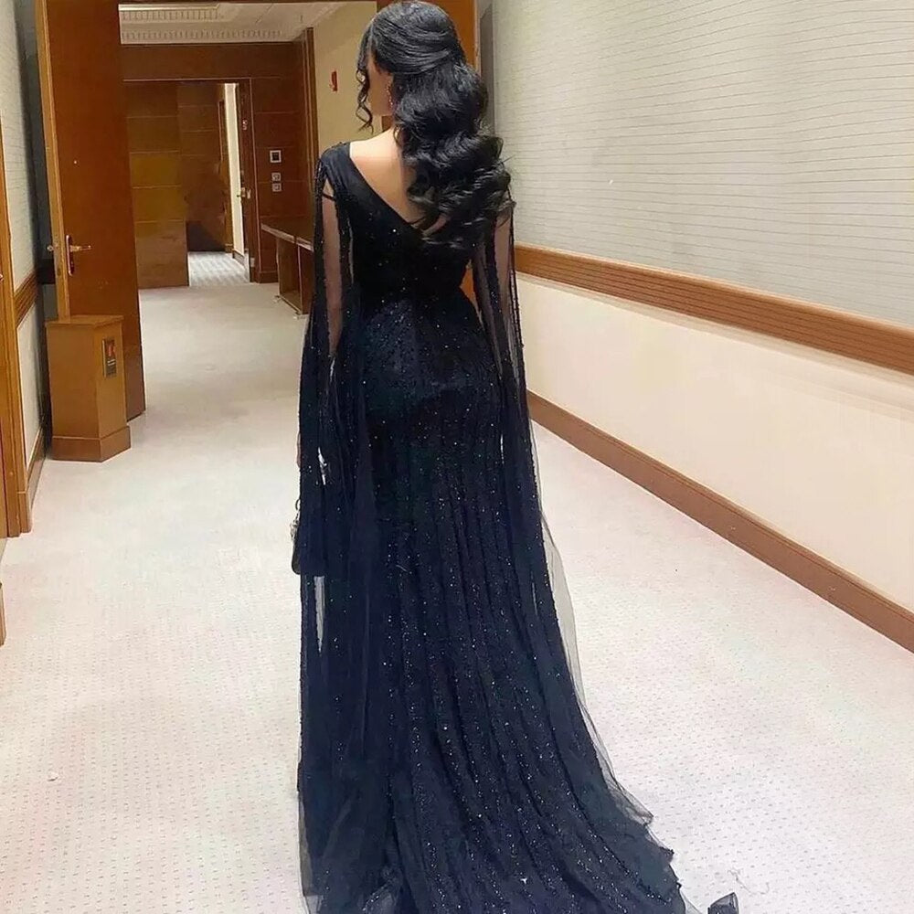 Dreamy Vow Black Arabic Mermaid Evening Dresses with Cape Sleeves 2023 Luxury Beaded Dubai For Women Wedding Party Gowns 218