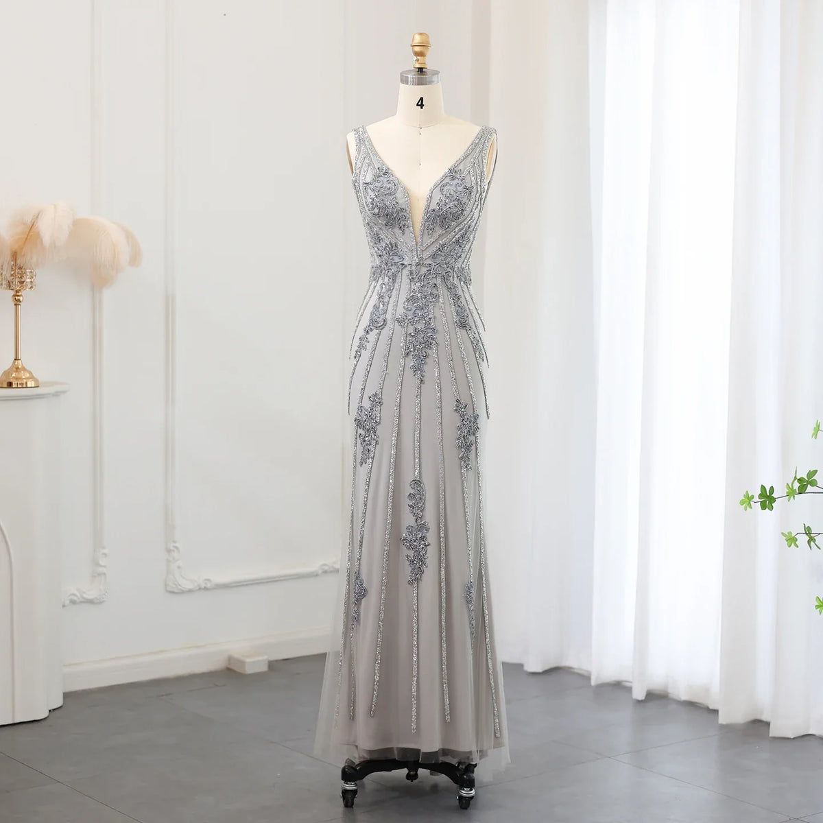 Sharon Said Elegant Silver Gray V-Neck Mermaid Evening Dress for Women Wedding 2024 Sexy Open Back Formal Party Gowns SS188