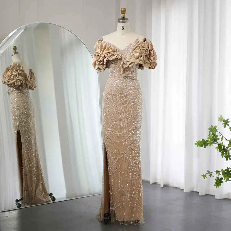 Elegant Off Shoulder Mermaid Sage Green Slit Evening Dress SS288  Champagne / US 16