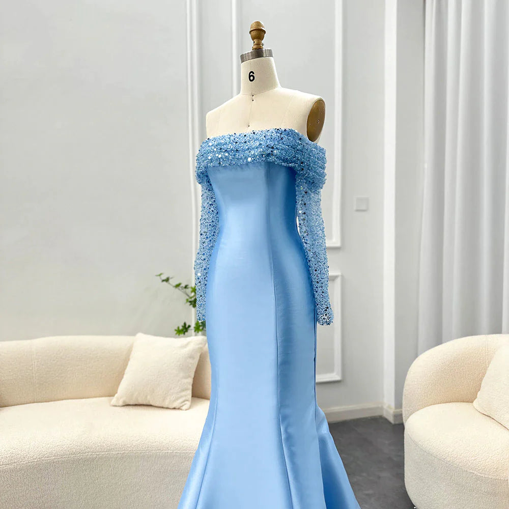 Dreamy Vow Elegant Off Shoulder Blue Arabic Evening Dress for Women Wedding Party Long Sleeves Dubai Formal Prom Gowns 079