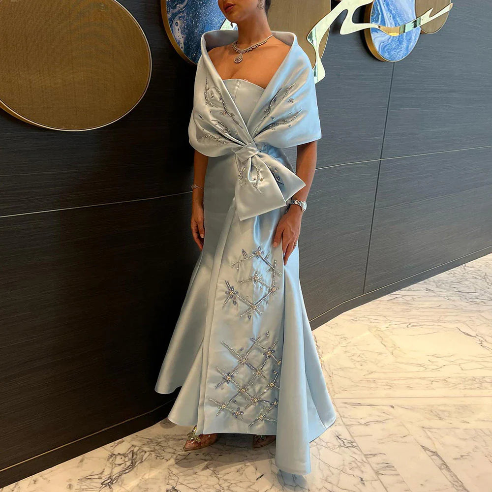 Dreamy VowLuxury Dubai Blue Mermaid Arabic Evening Dresses with Cape Shawl Beaded Elegant Women Wedding Guest Party Gown 333