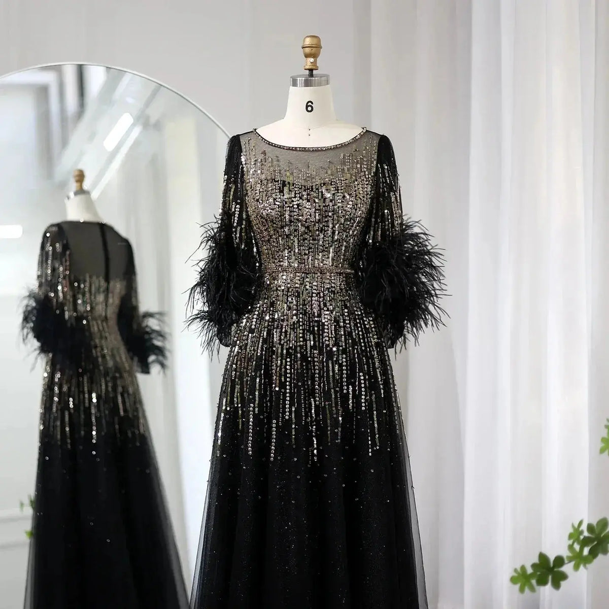 Luxury Feathers Black Half Sleeve Evening Dress SS339 Luxury Feathers Black Half Sleeve Evening Dress SS339