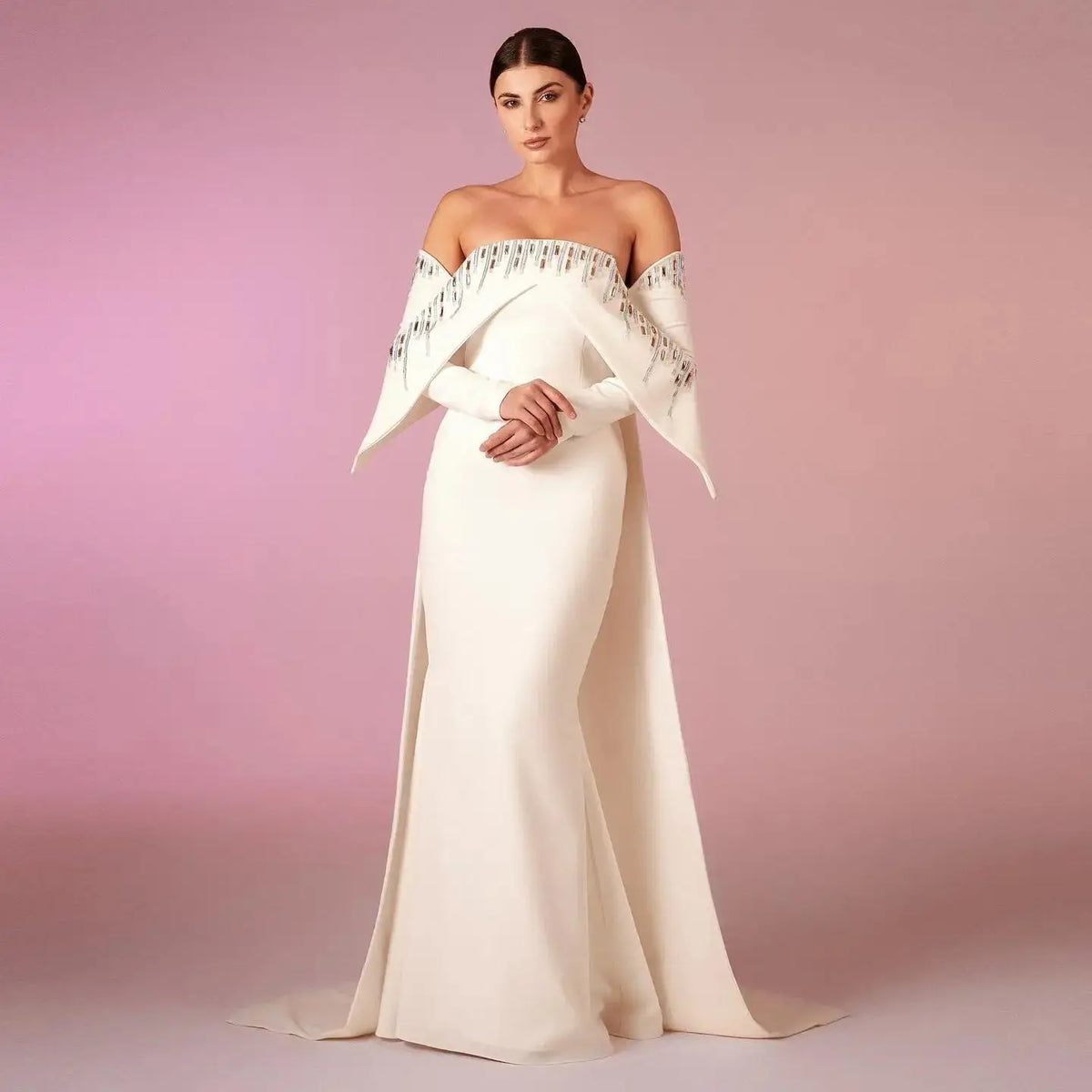 Elegant White Off Shoulder Long Sleeves Evening Dress with Cape SF008 Elegant White Off Shoulder Long Sleeves Evening Dress with Cape SF008