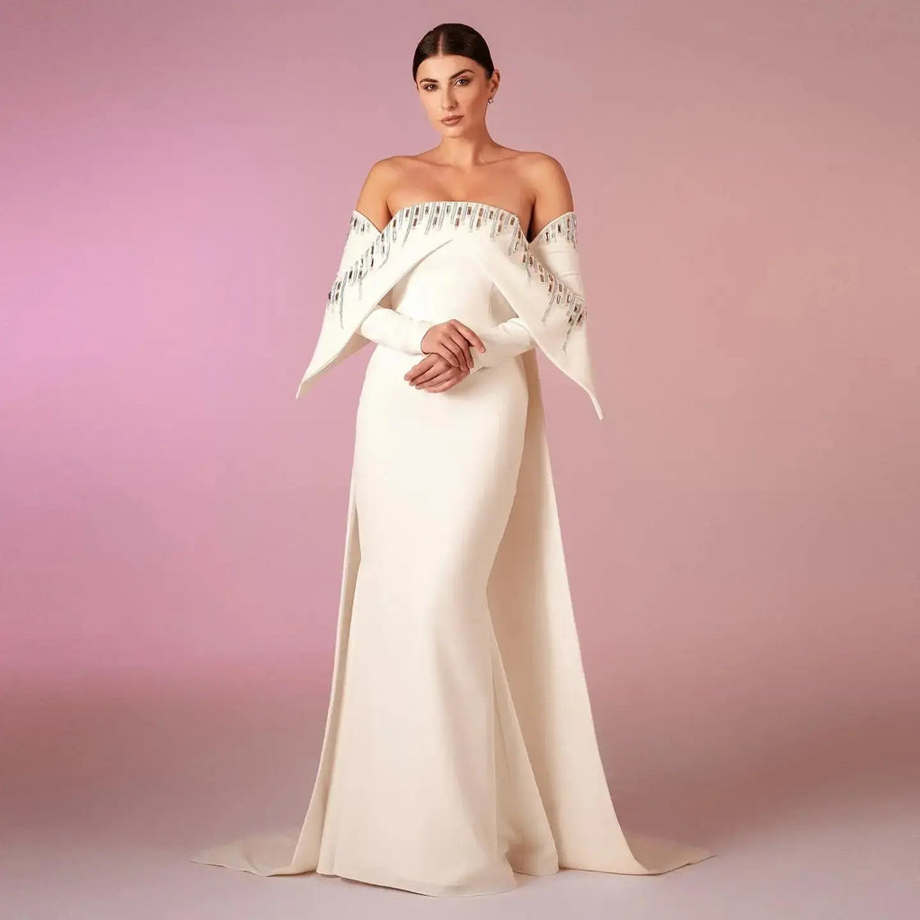Chic Off-Shoulder Long Sleeves White Sheath Long Evening Dress Y5457 main image 1
