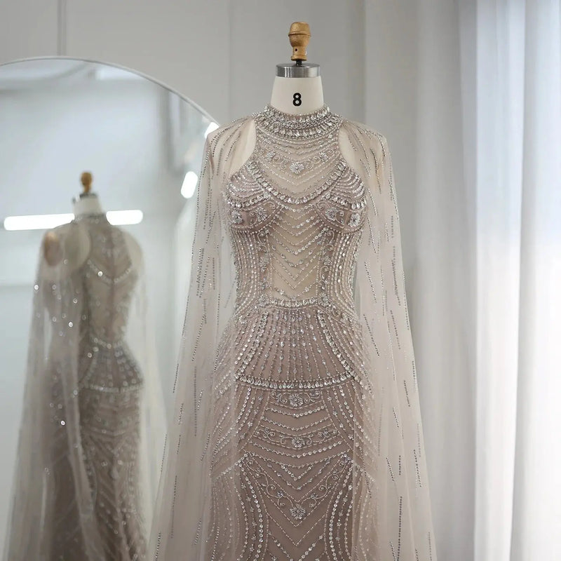 Luxury Champagne Evening Dress with Cape Sleeves SS077 
