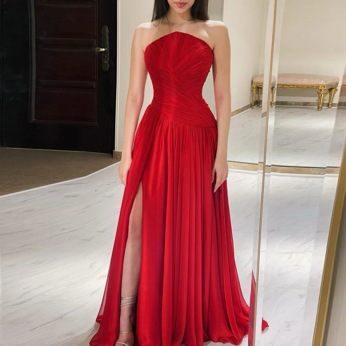 Sharon Said Burgunder Chiffon Langes Arabisches Abendkleid für Frauen 2024 Elegante Dubai Hochzeitsgast-Partykleider mit Schlitz SF141