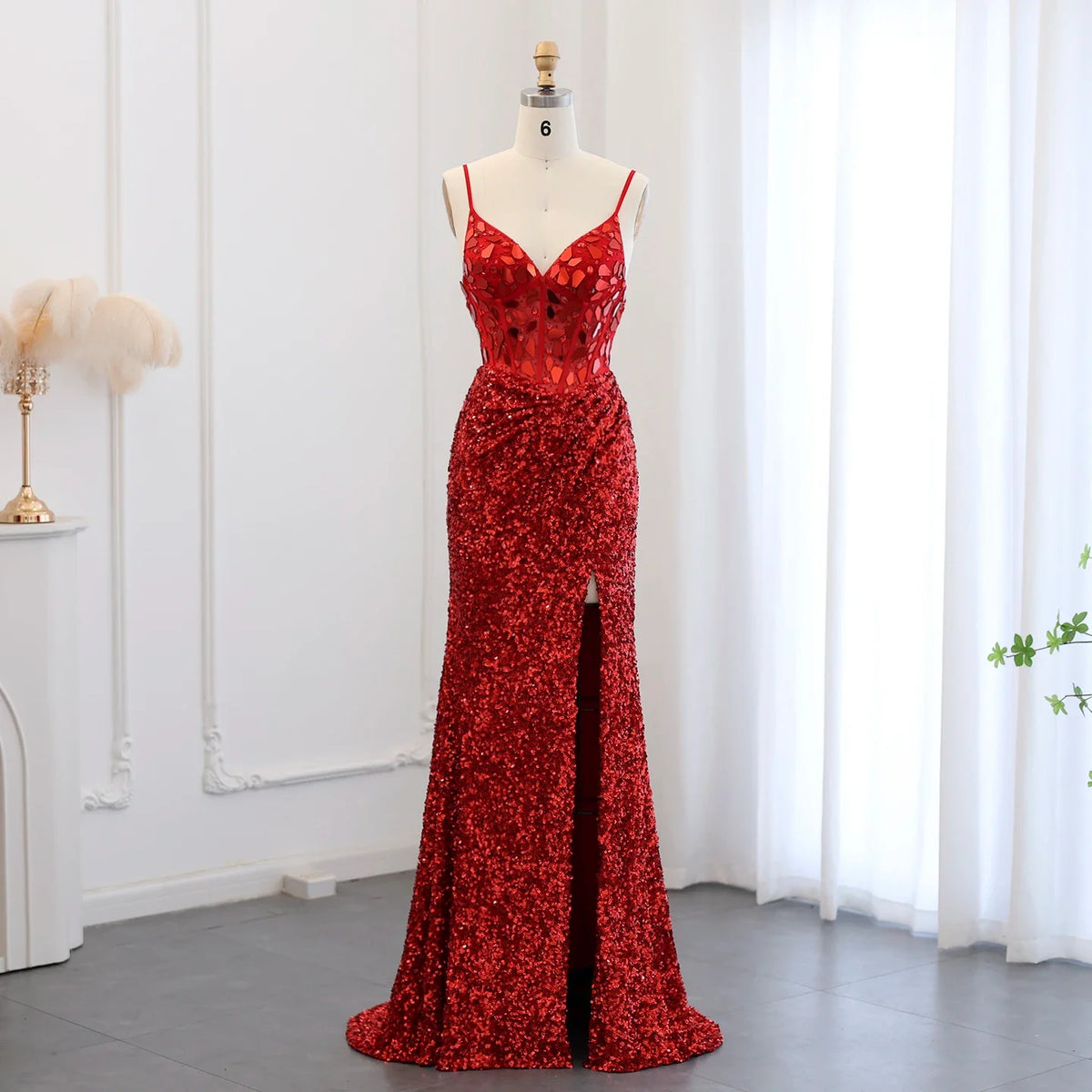 Sharon Said Sexy Spaghetti Straps Wine Red Sequin Mermaid Prom Evening Dresses 2024 Elegant Black Silver Long Party Gowns SS166
