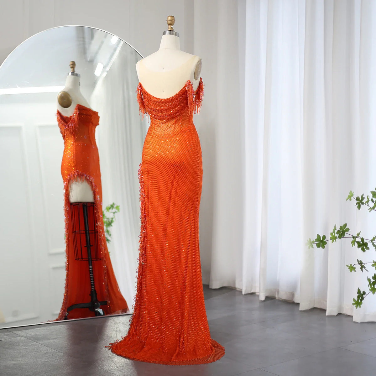 Dreamy Vow Luxury Crystal Dubai Sage Green Evening Dresses Orange Arabic High Slit Prom Dress for Women Wedding Party 382