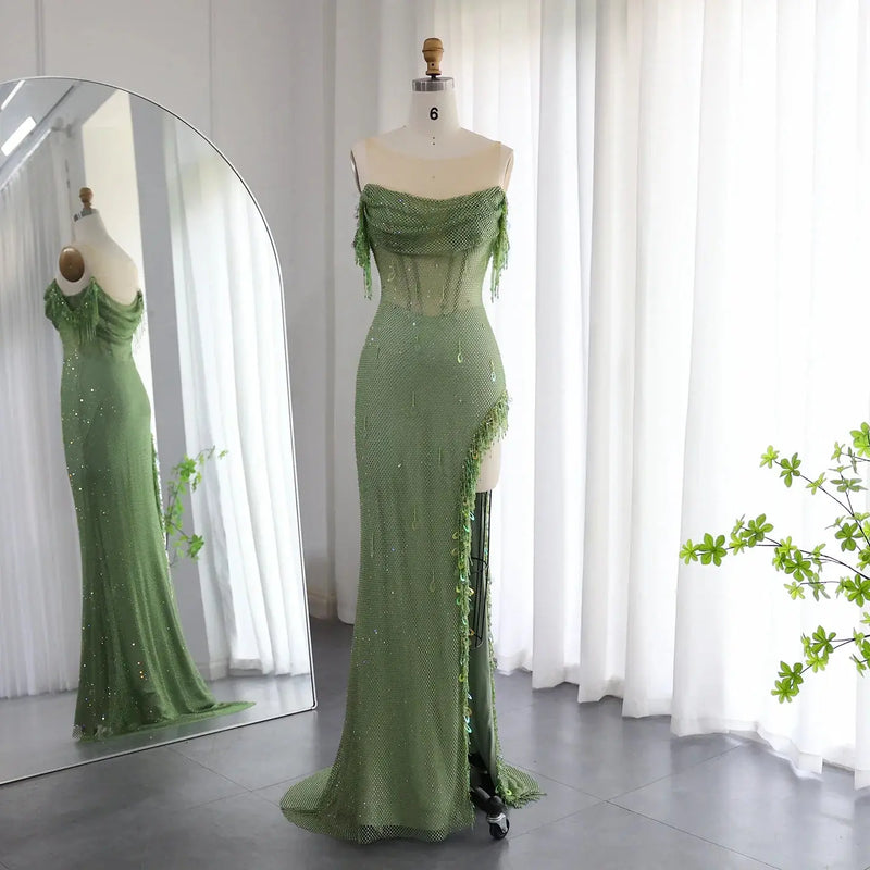 Dreamy Vow Luxury Crystal Dubai Sage Green Evening Dresses Orange Arabic High Slit Prom Dress for Women Wedding Party 382