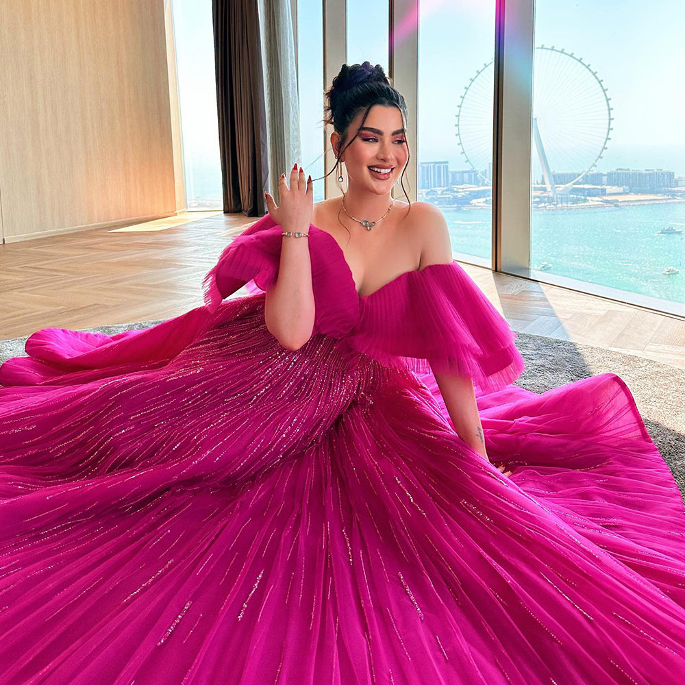 Sharon Said Luxury Dubai Ball Gown Fuchsia Evening Dress for Women Wedding 2024 Off Shoulder Arabic Celebrity Party Gown SS390