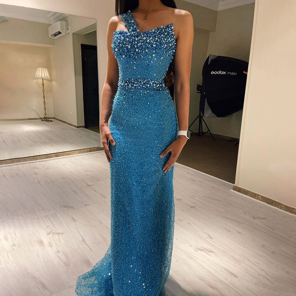 Dreamy Vow Luxury Dubai Turquoise Blue Mermaid Evening Dresses for Women Wedding One Shoulder Arabic Formal Party Gowns 336
