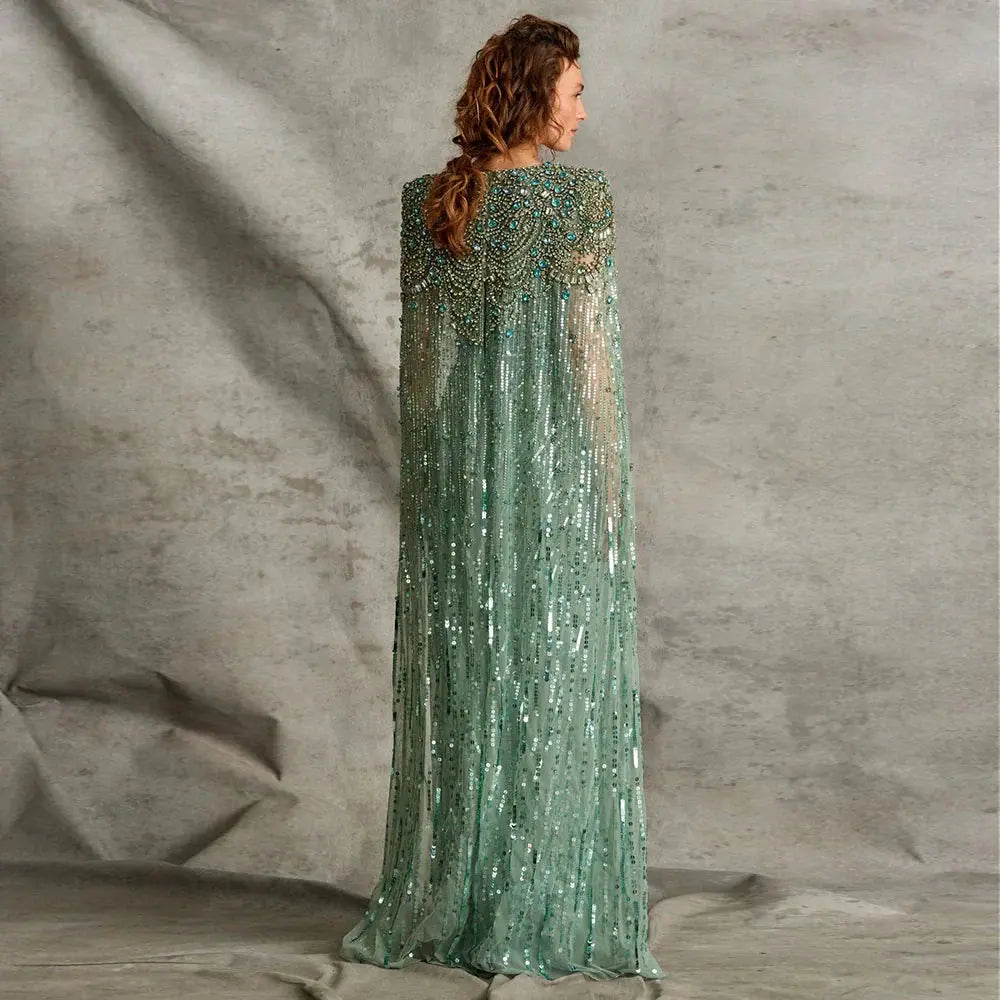 Luxury Dubai Green Evening Dresses with Cape Fuchsia Crystal Gold SS399 Luxury Dubai Green Evening Dresses with Cape Fuchsia Crystal Gold SS399