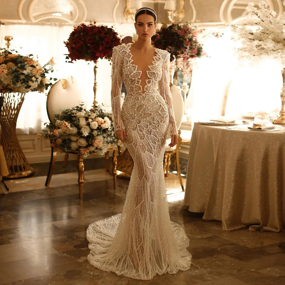 Sharon Said Luxus Beige Meerjungfrau Dubai Abendkleid 2024 für Frauen Hochzeit Lange Ärmel Arabisch Braut Prom Party Kleider S459