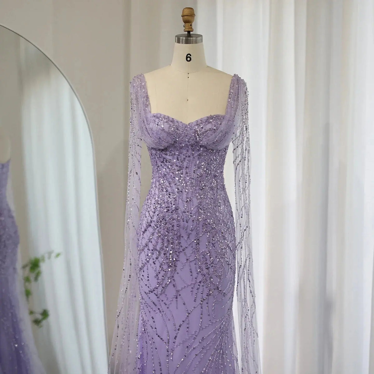 Luxury Lilac Mermaid Evening Dress with Cape Sleeves SS237 Luxury Lilac Mermaid Evening Dress with Cape Sleeves SS237
