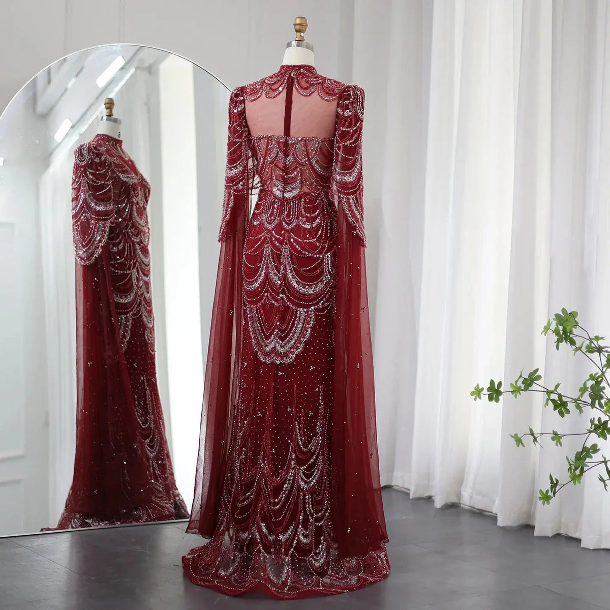 Luxury Burgundy Mermaid Evening Dress with Cape Sleeves SS145 Luxury Burgundy Mermaid Evening Dress with Cape Sleeves SS145