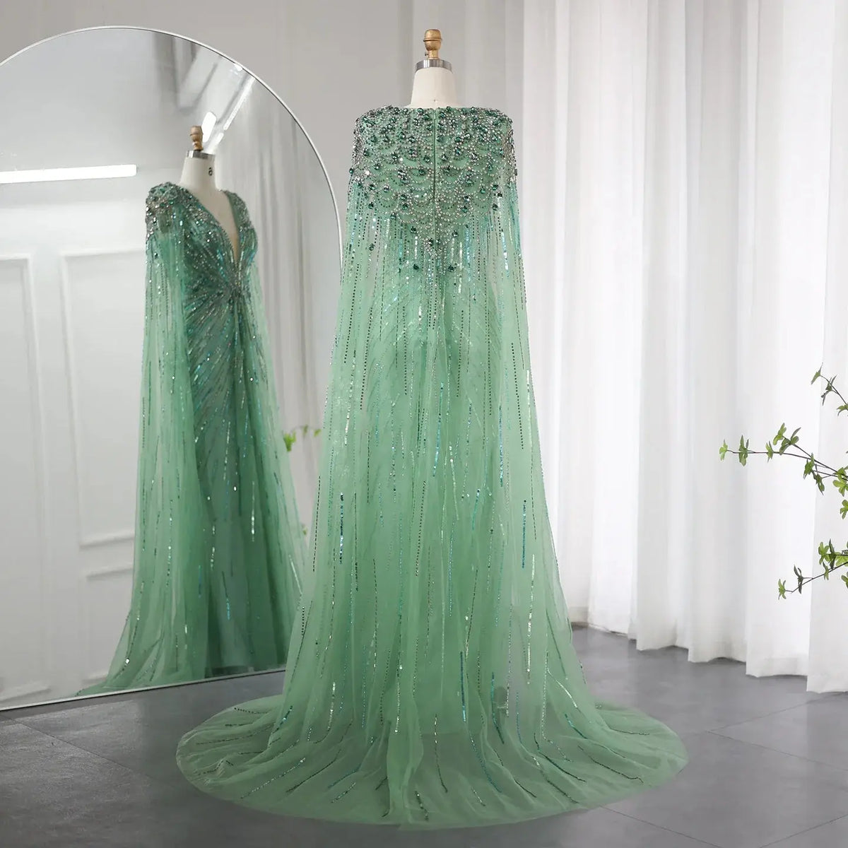 Luxury Dubai Green Evening Dresses with Cape Fuchsia Crystal Gold SS399 Luxury Dubai Green Evening Dresses with Cape Fuchsia Crystal Gold SS399