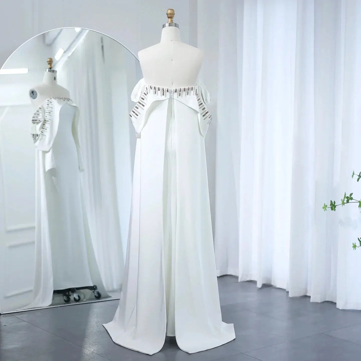 Elegant White Off Shoulder Long Sleeves Evening Dress with Cape SF008