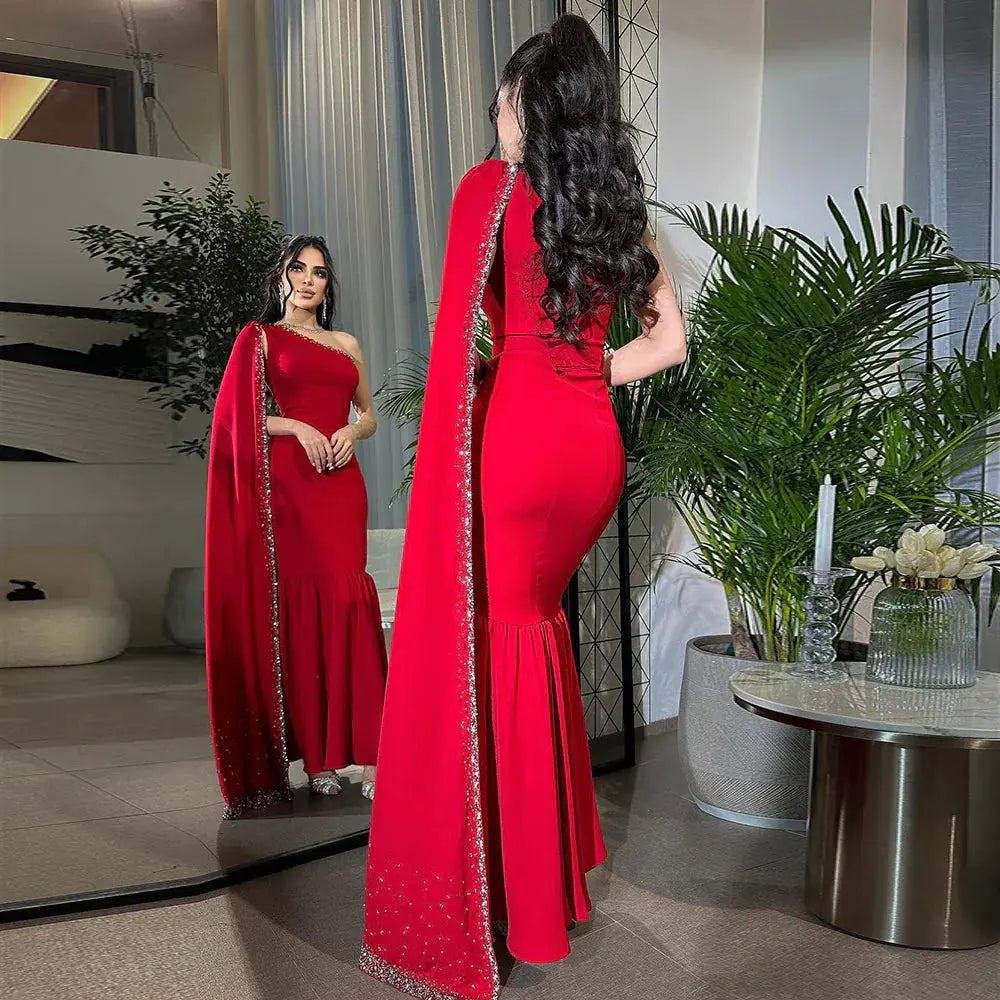 Final Sale Red One-Shoulder Mermaid Evening Dress with Cape Sleeve SS384 Final Sale Red One-Shoulder Mermaid Evening Dress with Cape Sleeve SS384