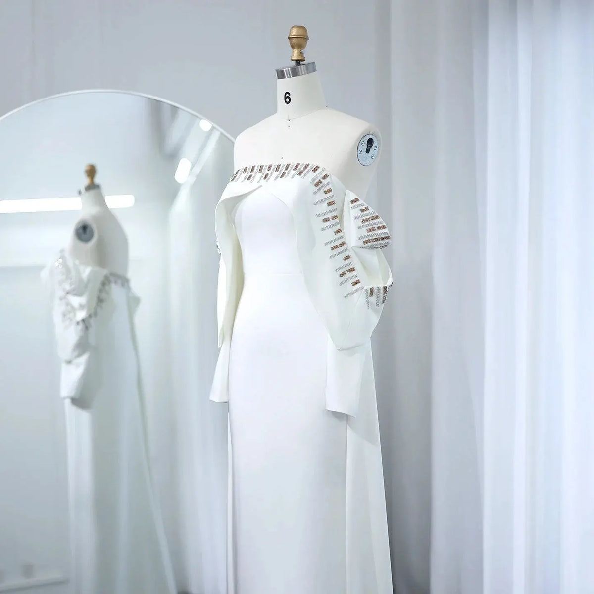 Elegant White Off Shoulder Long Sleeves Evening Dress with Cape SF008