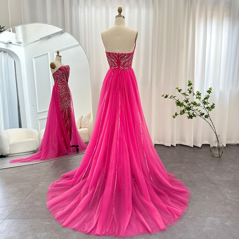 DreamyVow 2023 Luxury Dubai Fuchsia Evening Dress with Overskirt Scalloped High Slit Arabic Women Wedding Party Gowns 372