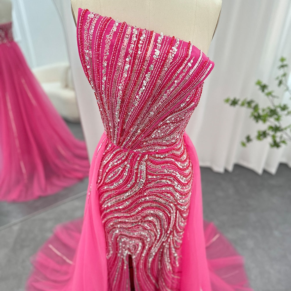 DreamyVow 2023 Luxury Dubai Fuchsia Evening Dress with Overskirt Scalloped High Slit Arabic Women Wedding Party Gowns 372