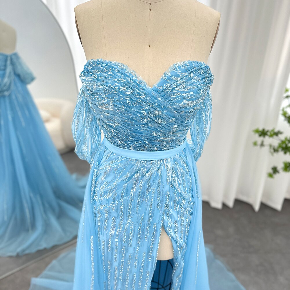 Dreamy Vow Arabic Blue Mermaid Luxury Dubai Evening Dresses for Woman Wedding Party High Split Elegant Prom Formal Gowns 257