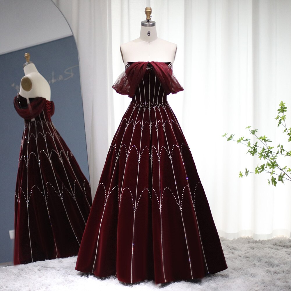 Dreamy Vow Arabic Burgundy Velvet Ball Gown Evening Dress 2023 Luxury Dubai Crystal Women Formal Party Dress for Wedding 274