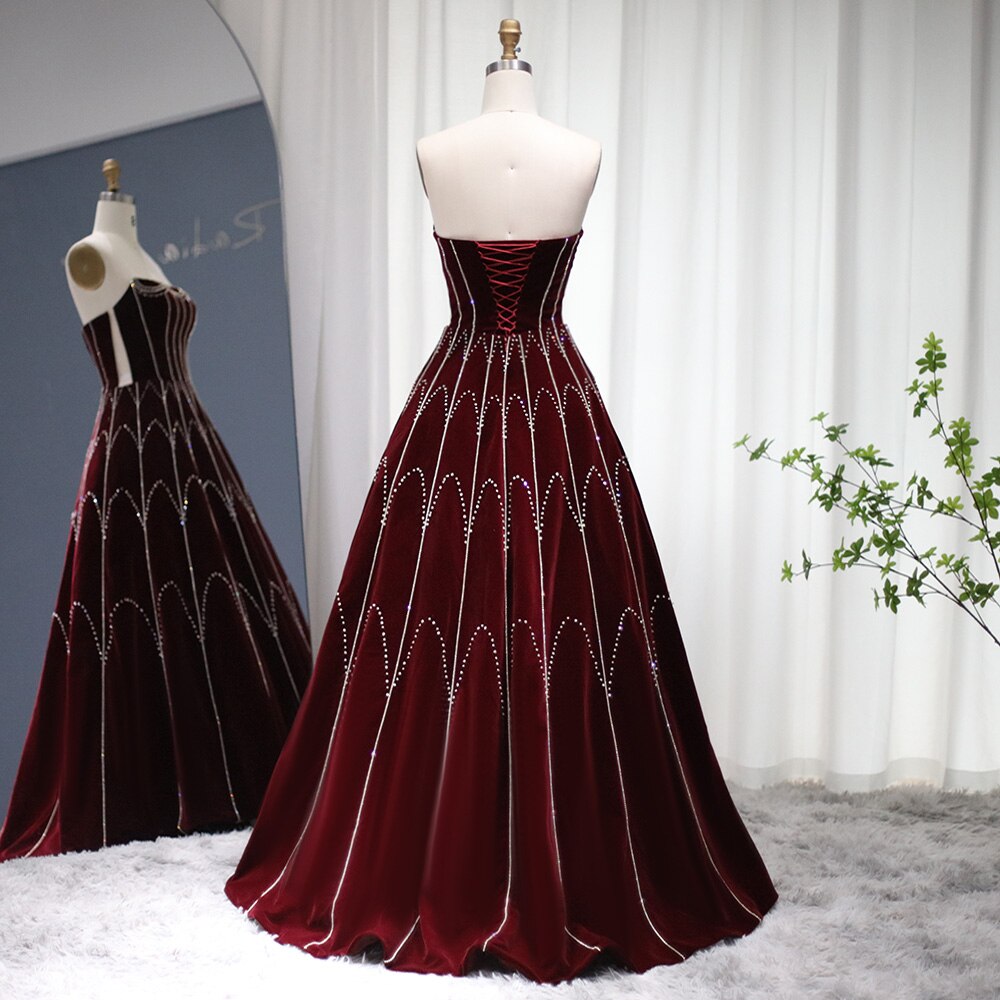 Dreamy Vow Arabic Burgundy Velvet Ball Gown Evening Dress 2023 Luxury Dubai Crystal Women Formal Party Dress for Wedding 274