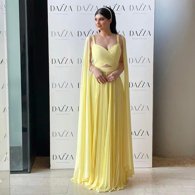 Dreamy Vow Arabic Fuchsia Chiffon Dubai Evening Dresses with Cape Sleeves Elegant Yellow Women Wedding Party Formal Gowns F090