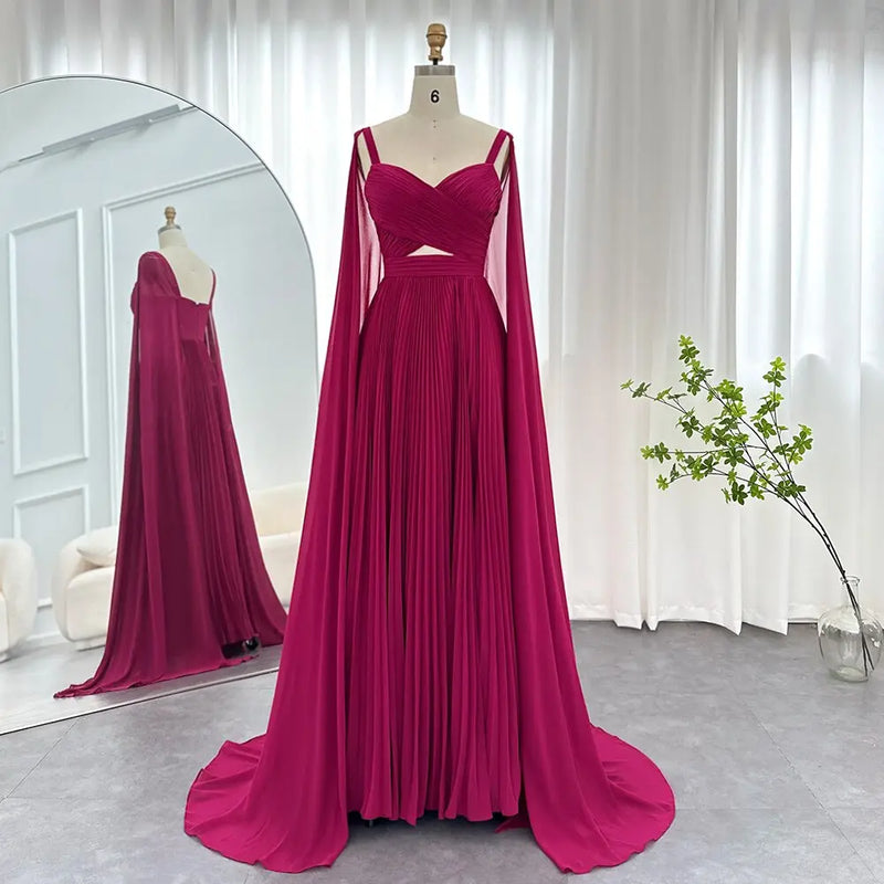 Dreamy Vow Arabic Fuchsia Chiffon Dubai Evening Dresses with Cape Sleeves Elegant Yellow Women Wedding Party Formal Gowns F090