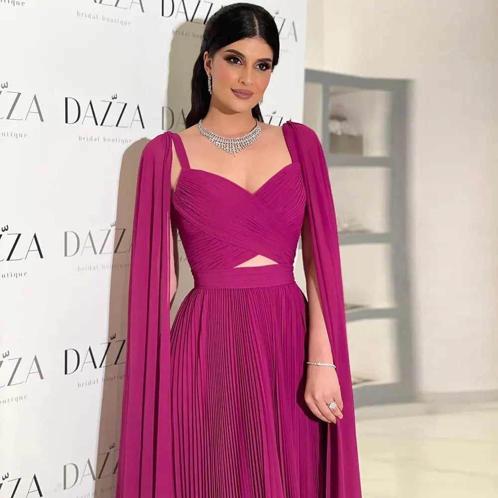 Elegant Fuchsia Chiffon Evening Dress with Cape Sleeves SF090 - SHARONSAID Elegant Fuchsia Chiffon Evening Dress with Cape Sleeves SF090 - SHARONSAID