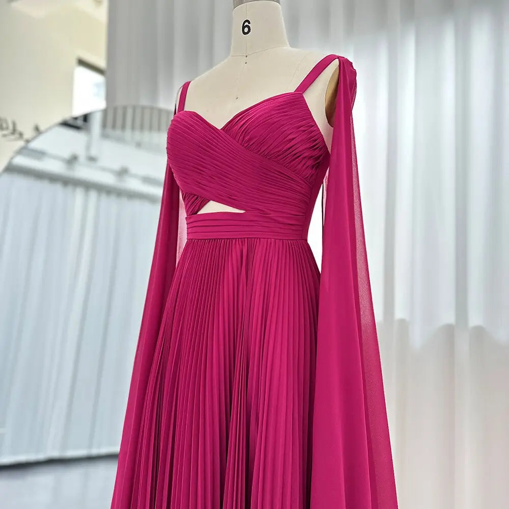 Elegant Fuchsia Chiffon Evening Dress with Cape Sleeves SF090 - SHARONSAID Elegant Fuchsia Chiffon Evening Dress with Cape Sleeves SF090 - SHARONSAID
