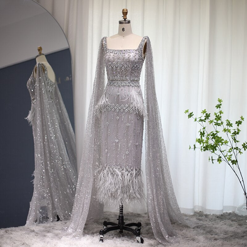 Dreamy Vow Bling Gray Mermaid Arabic Evening Dress with Cape Luxury Feather Dubai Formal Dresses for Women Wedding Party 279