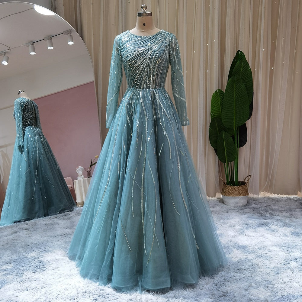 Dreamy Vow Blue Long Sleeve Muslim Evening Dress Luxury Dubai Women Midi Engagement Party Dresses for Wedding Formal 466