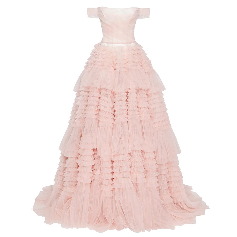 Dreamy Vow Blush Pink Off Shoulder Ruffles Evening Dress for Women Wedding Elegant Tiered Ball Gown Prom Party Desses 087