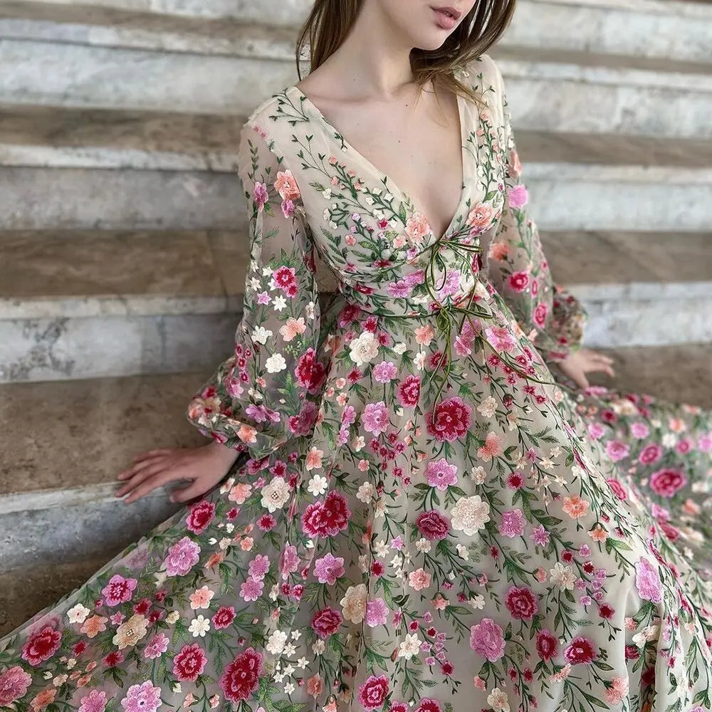 Evening Dresses Long Flower Dress With Sleeves Two Pieces Long