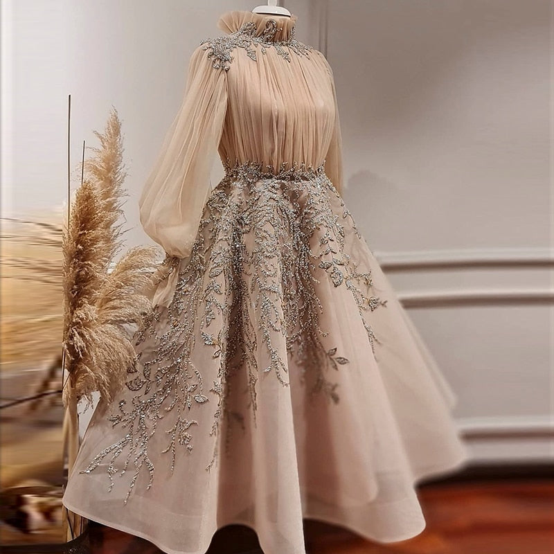 Dreamy Vow Champagne Long Sleeve Muslim Evening Dresses Luxury Dubai Midi Short Arabic Formal Gowns for Wedding Party 496
