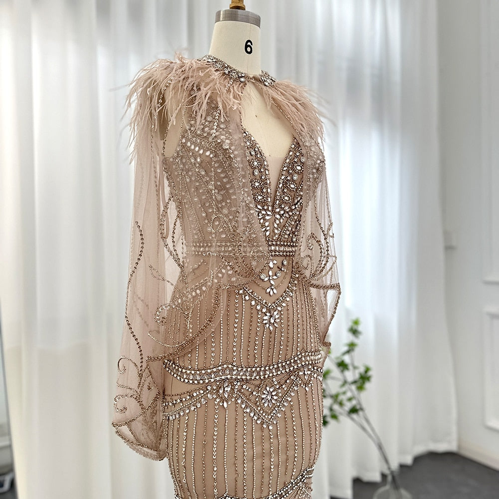 Dreamy Vow Champagne Mermaid Evening Dress with Feathers Shawl Cape Luxury Dubai Prom Dresses Long Graduation Formal Gown 039