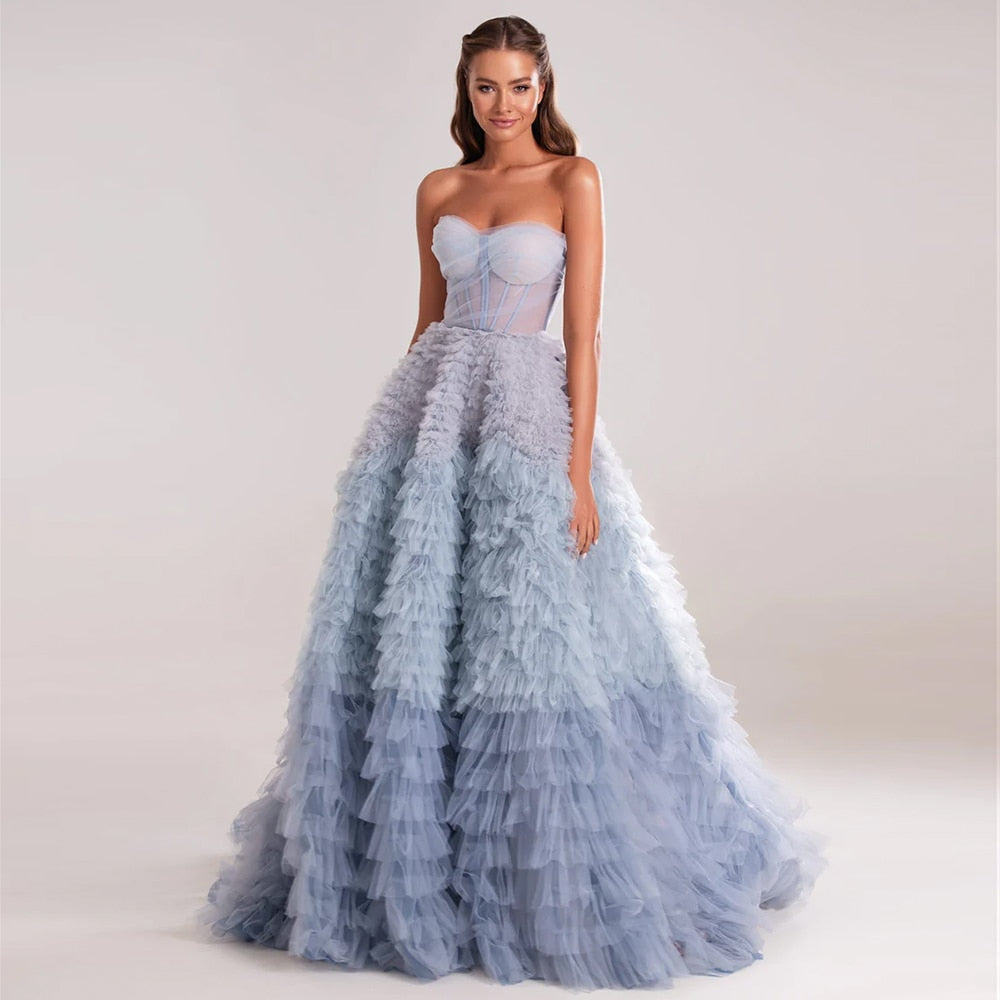 DreamyVow Chic Blue Ombre Tiered Ruffles Evening Dresses 2023 Luxury Dubai Ball Gown Prom Dress for Women Wedding Party 086