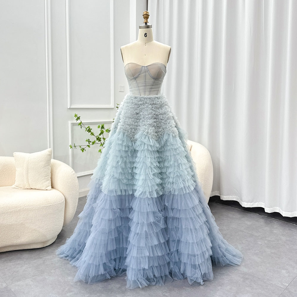 DreamyVow Chic Blue Ombre Tiered Ruffles Evening Dresses 2023 Luxury Dubai Ball Gown Prom Dress for Women Wedding Party 086