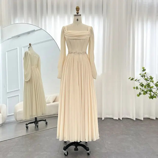 Dubai Beige Short Midi Arabic Evening Dress with Belt Long Sleeves SF267 Elegant Beige Long Sleeves Short Evening Dress SF267 – SHARONSAID