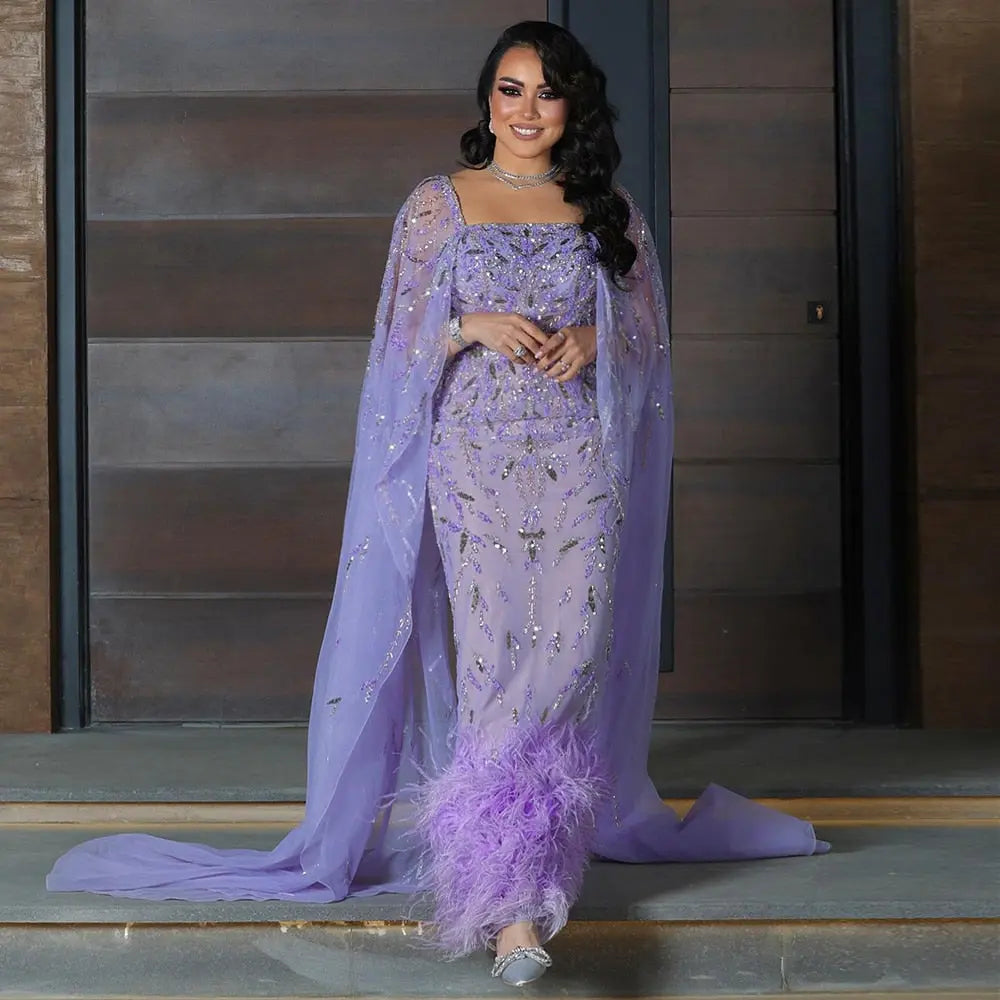 Luxury Feathers Lilac Evening Dress with Cape Sleeves SS381 – SHARONSAID
