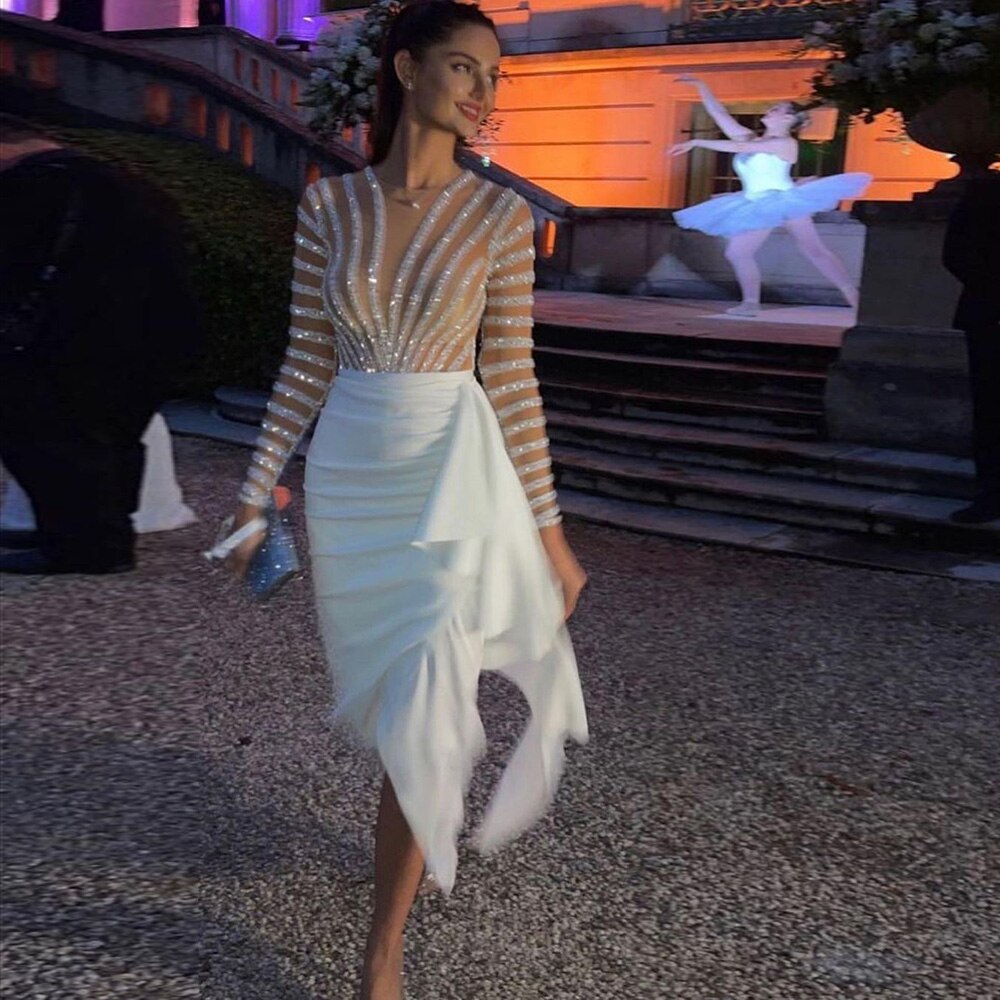 Dreamy Vow Dubai White Mermaid Arabic Evening Dress Long Sleeve Luxury Women for Wedding Party Midi Prom Formal Dresses 270