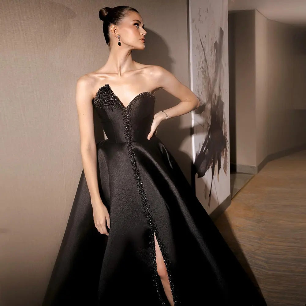 Final Sale Crystal Black Strapless Evening Dresses Side Slit SS364