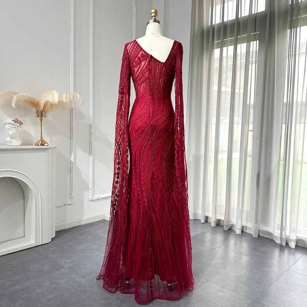 Luxury Crystal Burgundy Mermaid Evening Dresses with Long Sleeves