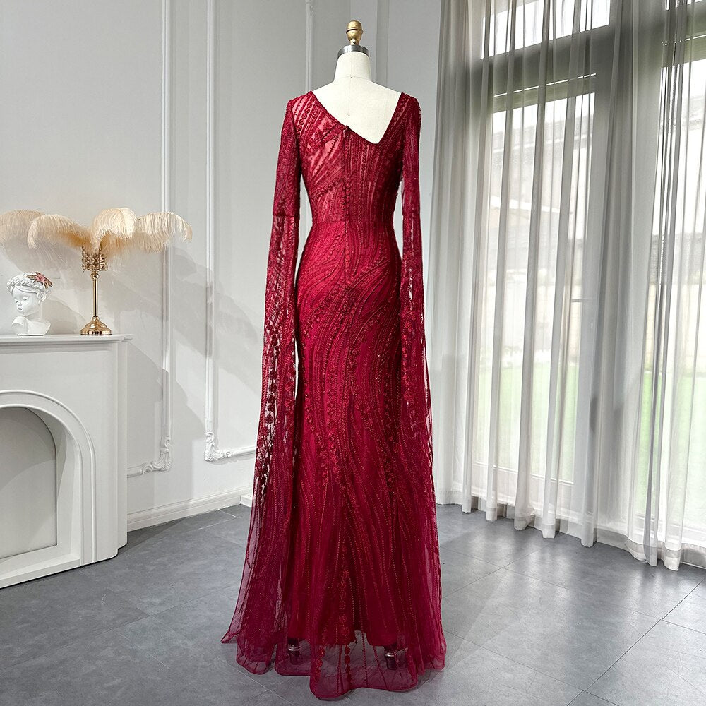Dreamy Vow Elegant Burgundy Mermaid Evening Dresses with Long Sleeve Luxury Dubai Crystal Women Wedding Formal Party Gown 146