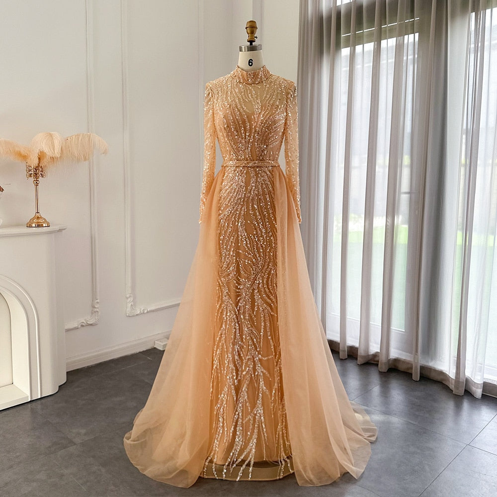 Dreamy Vow Elegant Gold Mermaid Arabic Evening Dress with Overskirt Long Sleeves Luxury Muslim Wedding Formal Party Gown 271